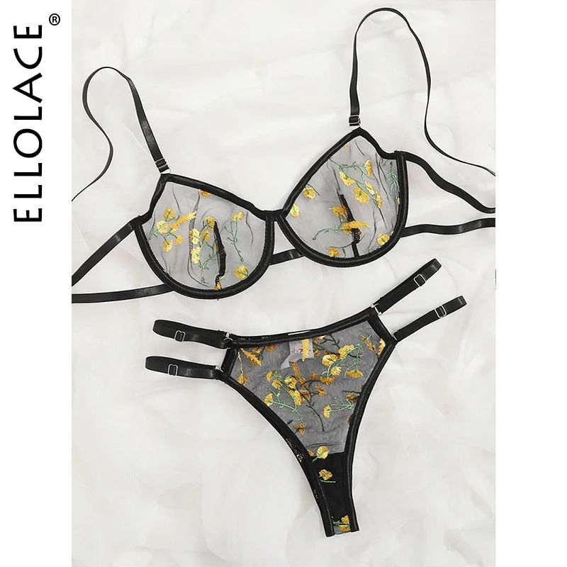 Ellolace Floral Erotic Lingerie Underwire Transparent Bra Push up Underwear Set Exotic Sets Lingerie Set Embroidery Brief Sets