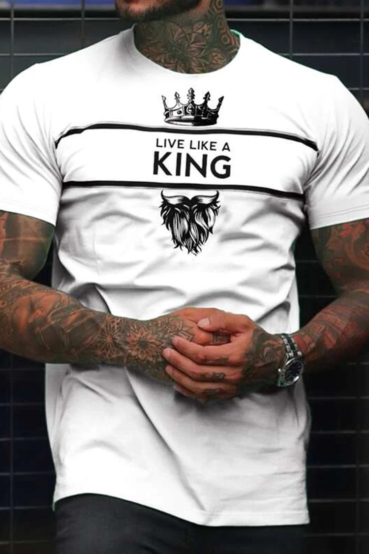 Tiboyz Men Crown K Stripe Print Short Sleeves T-Shirt