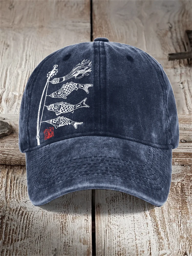 Comstylish Carp Streamer Koinobori Japanese Lino Art Washed Cap