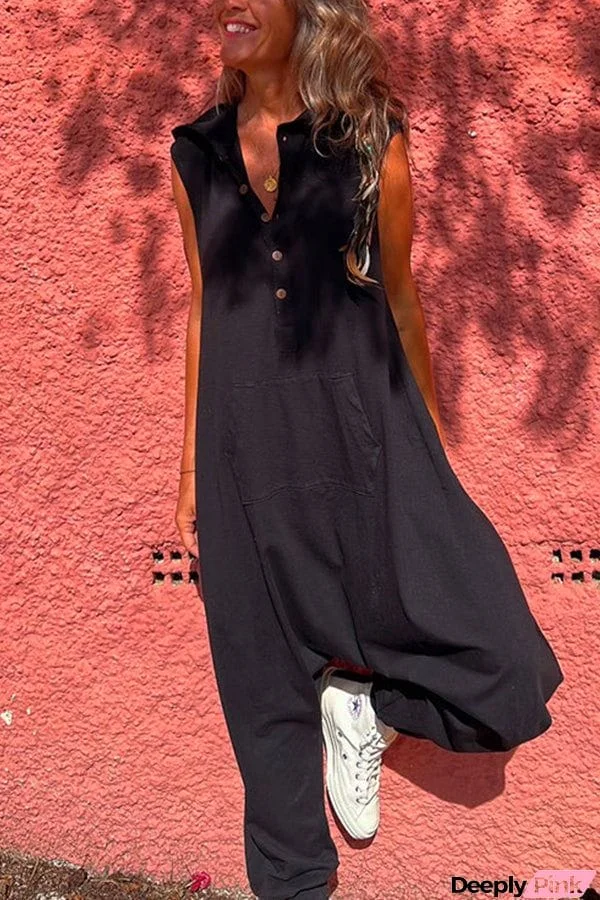 Button Down Hoodied Sleeveless Baggy Jumpsuit