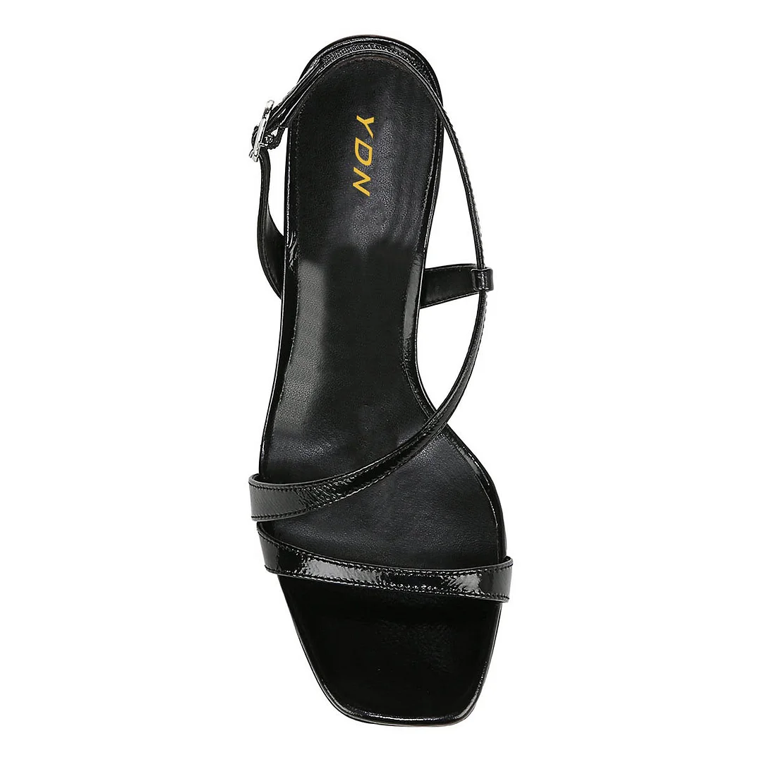 Chic Vegan Leather Open Square Toe Slingback Black Heels Sandals