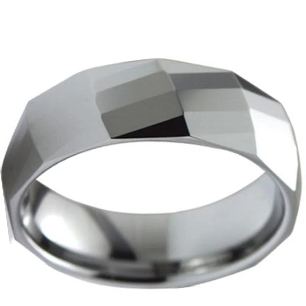 Silver Tungsten Carbide Rings Couple Wedding Band Multifaceted High Polished Surface