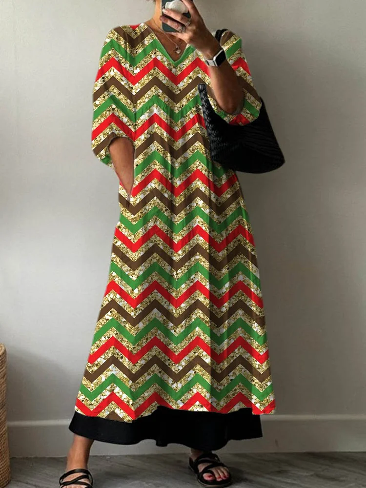 Women's Vintage Shiny Striped Art Print Pocket V-neck Cotton Dress