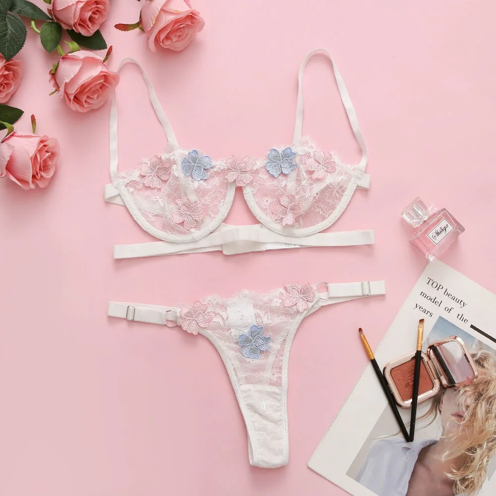 Billionm SexeLakas Sexy Lingerie White Lace Floral Intimate Underwear Flower Appliques Set Sensual Perspective See Through Women Sets
