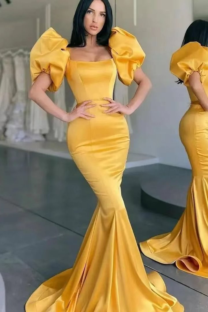 Gorgeous Yellow Square Mermaid Long Prom Dress With Bubble Sleeves |Ballbellas Ballbellas