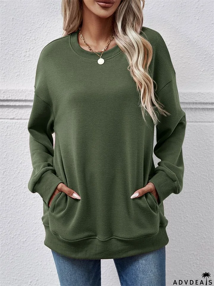 Women's Fleece Loose Round Neck Pocket Tops Hoodies