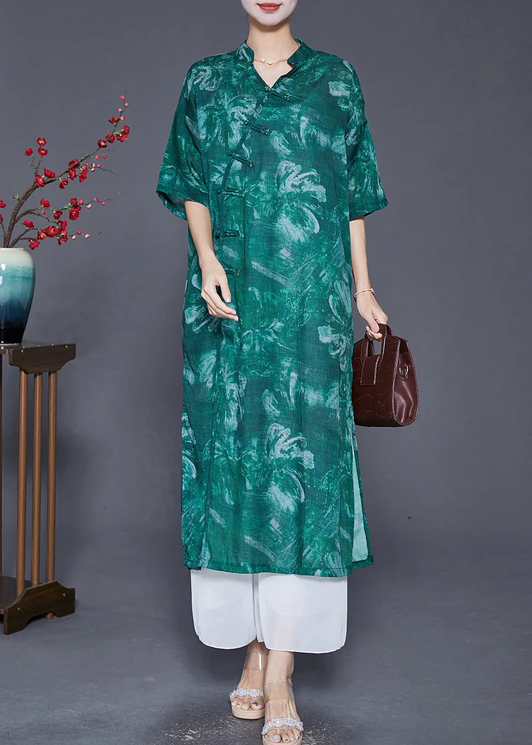 Vintage Blackish Green V Neck Tie Dye Linen Gown Dresses Half Sleeve