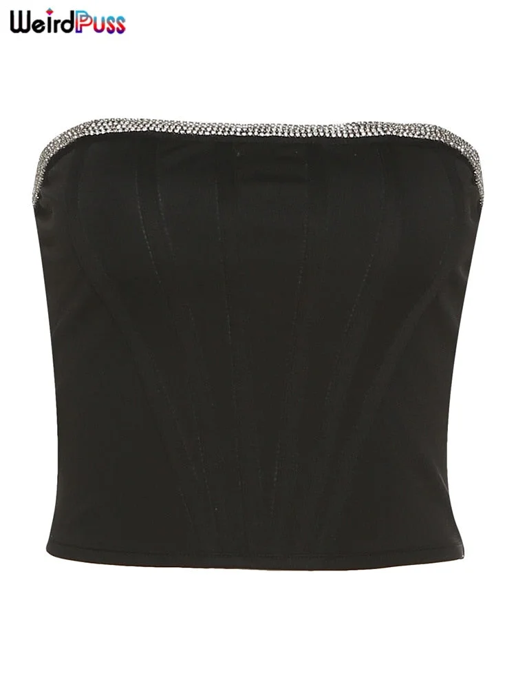 Weird Puss Sexy Women Corset Top Rhinestone Strapless Stretchy Skinny Black Wild 2022 Summer Fashion Vacation Party Clubwear