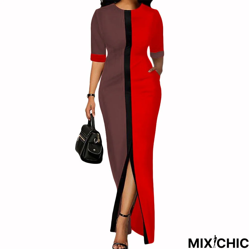 Fashion Short Sleeve Printed Dress Stitching Pocket Slit Skirt