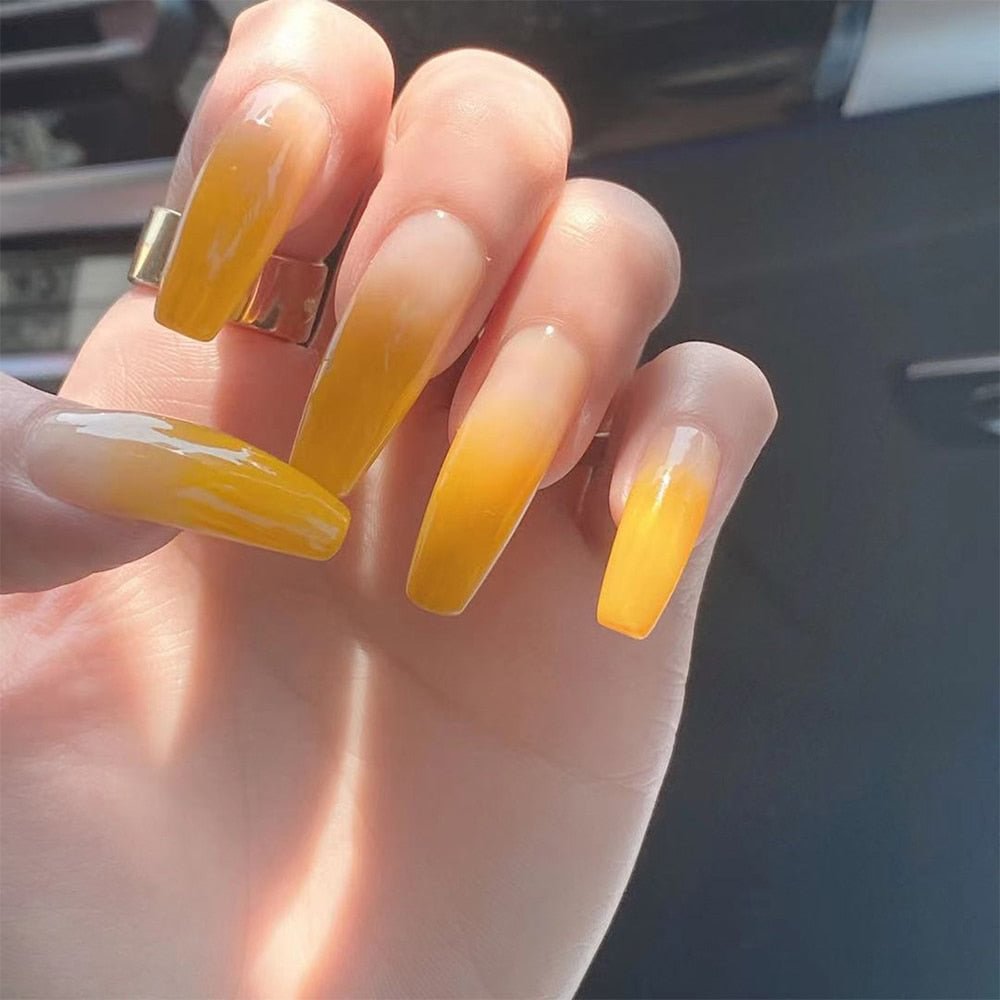 24pcs Press On Nails Gradient Yellow Coffin Artificial False Nails Ballerina Fake Nails Full Cover Nail Tips Acrylic Fingernail