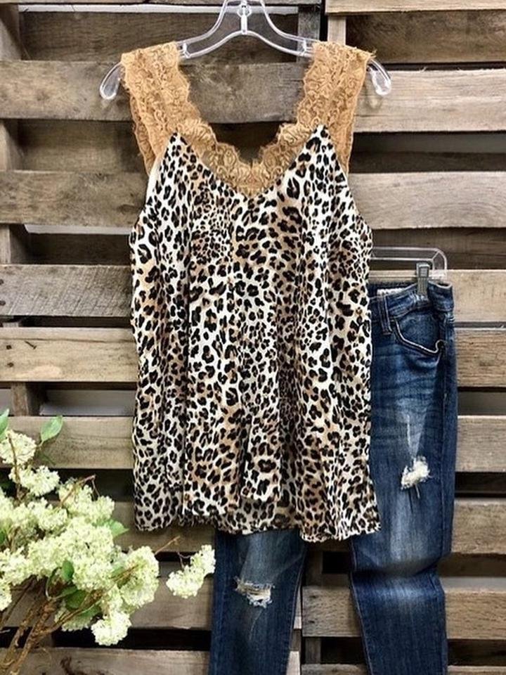 LEOPARD SLEEVELESS PRINTED,LACE COTTON-BLEND V NECK SEXY SUMMER BROWN TOP