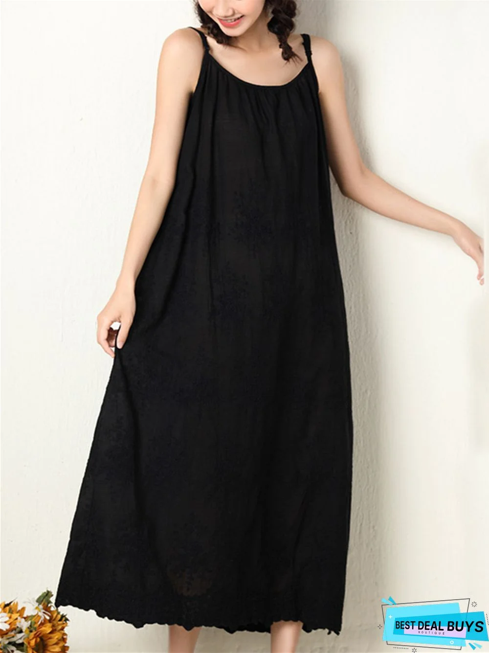 Fresh and Sweet Pure Color Dress Embroidered Loose Cotton Linen Skirt