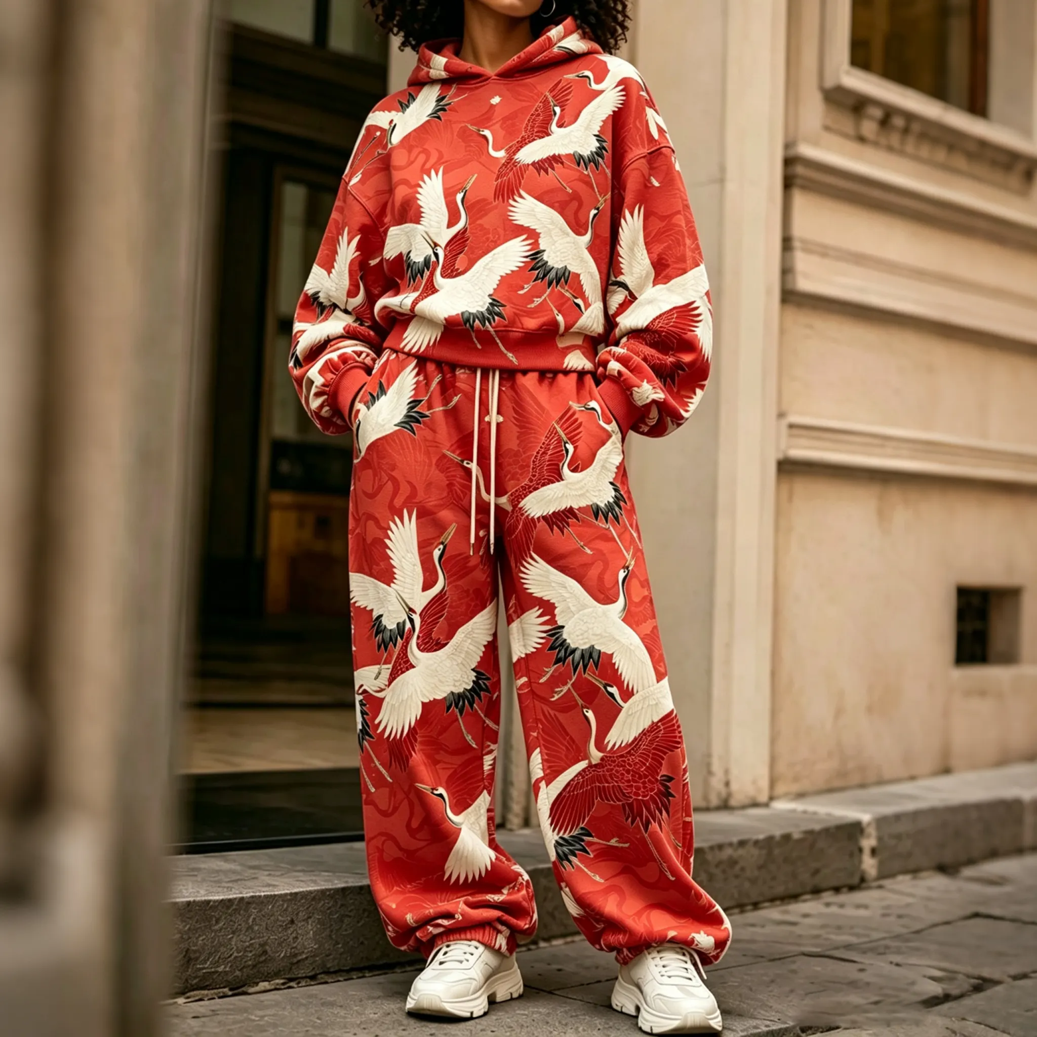 Comstylish Women's Vintage Japanese Crane Art Print Hoodie Two Piece Set