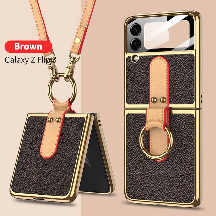 Original Leather Tempered Glass Hard Frame Cover For Samsung Z Flip 3/4  5G With Lanyard  Etrgadget- Smartphone Cases & Covers | Accessories