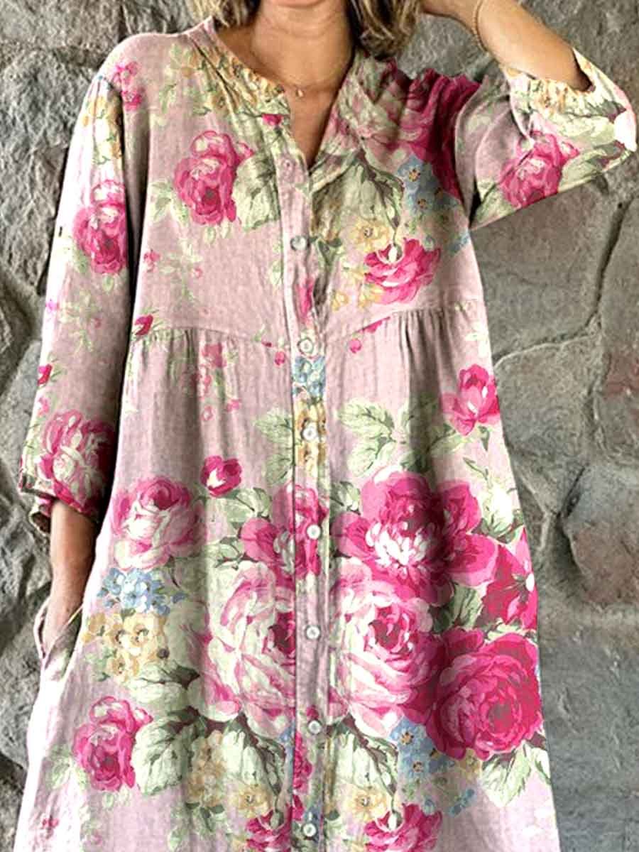 Women's  Elegant Simple Rose Floral Pattern Shirt Style Cotton and Linen Dress