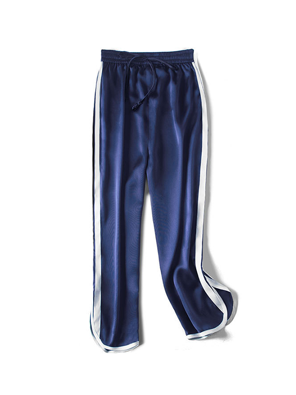 Navy Blue Elastic Waist Side Slit Silk Pants | Multi-Colors Selected