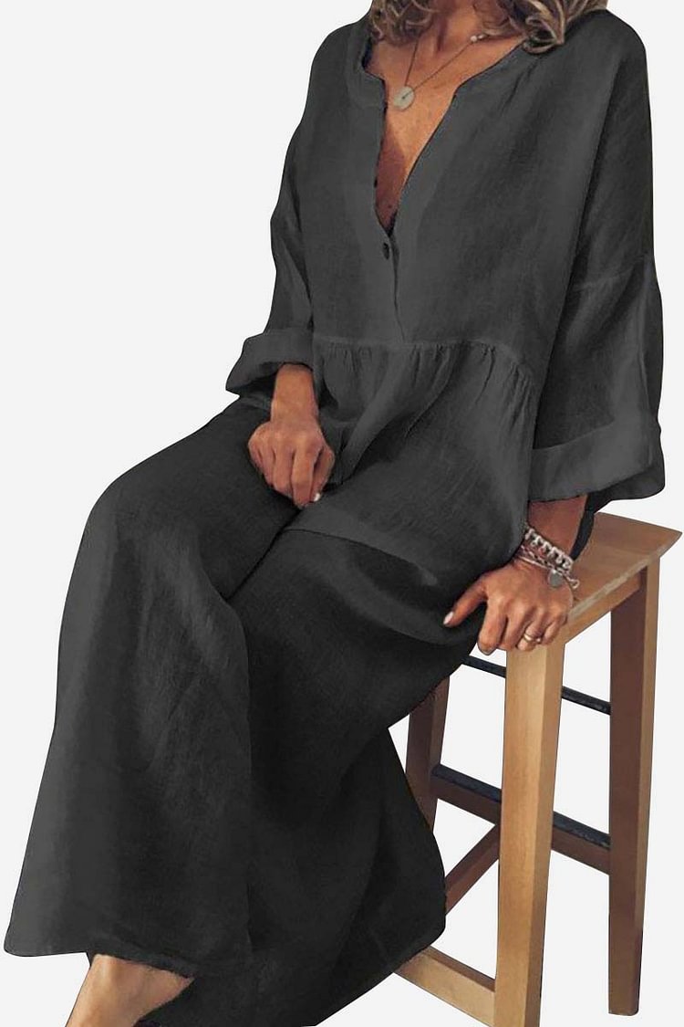 Linen V Neck Long Sleeve Wide Hem Casual Maxi Shirt Dress