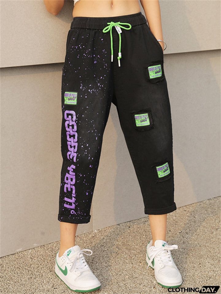 Female Lightweight Alphabet Patchwork High-rise Pants