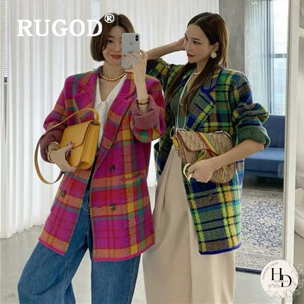 Fashion Bright Pink Green Plaid Knit Suit Korean Elegant Notched Collar Belted Vintage Jacket Autumn Winter Women's Suits