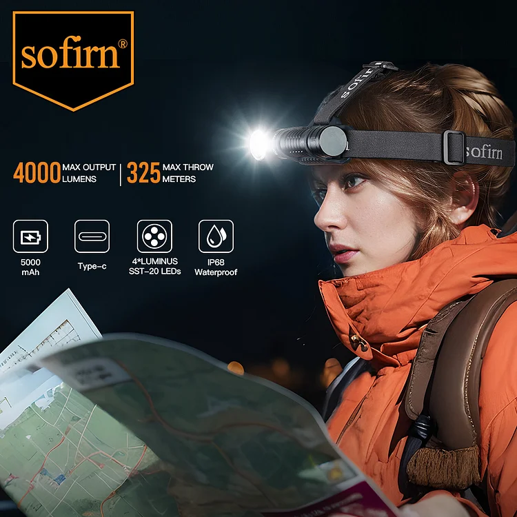 Sofirn HS41 4000 Lumens Rechargeable Headlamp USB C Right Angle