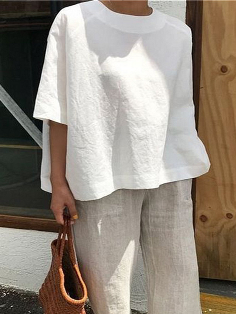 Solid color loose urban cotton and linen casual all-match round neck top-Mayoulove