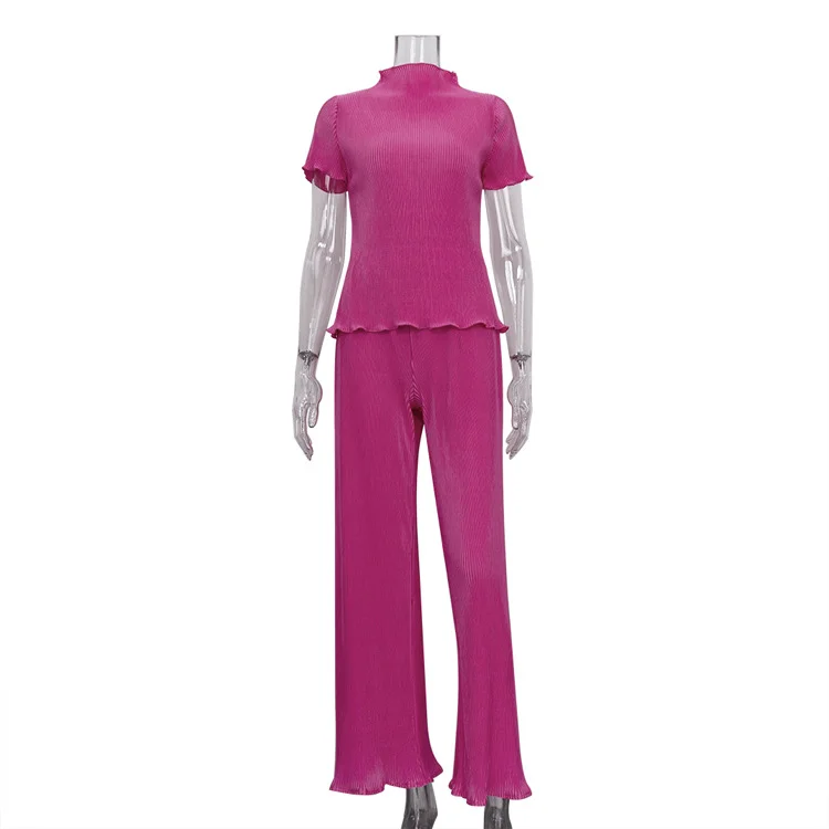Ueong Ueong 2023 Summer New Thin T-Shirt High Waist Blue Pleated Floor Pants Casual Women's Fashion Suit