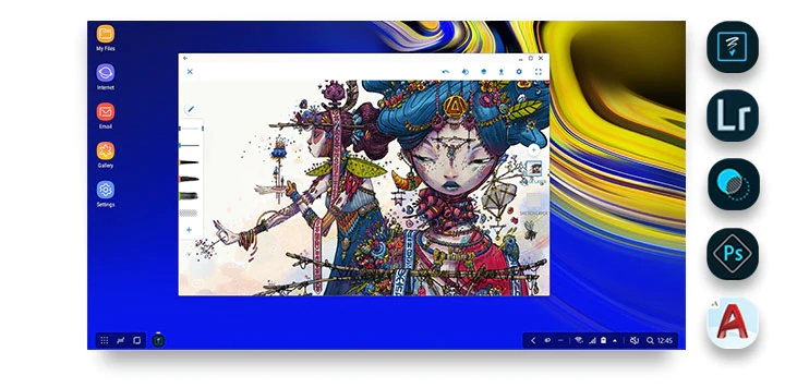 DeX interface with a detailed drawing onscreen and five icons showing different creative applications you can use in DeX mode: Adobe Photoshop Sketch, Adobe Photoshop Lightroom, Adobe Photoshop Mix, Adobe Photoshop Express and AutoCAD Mobile.