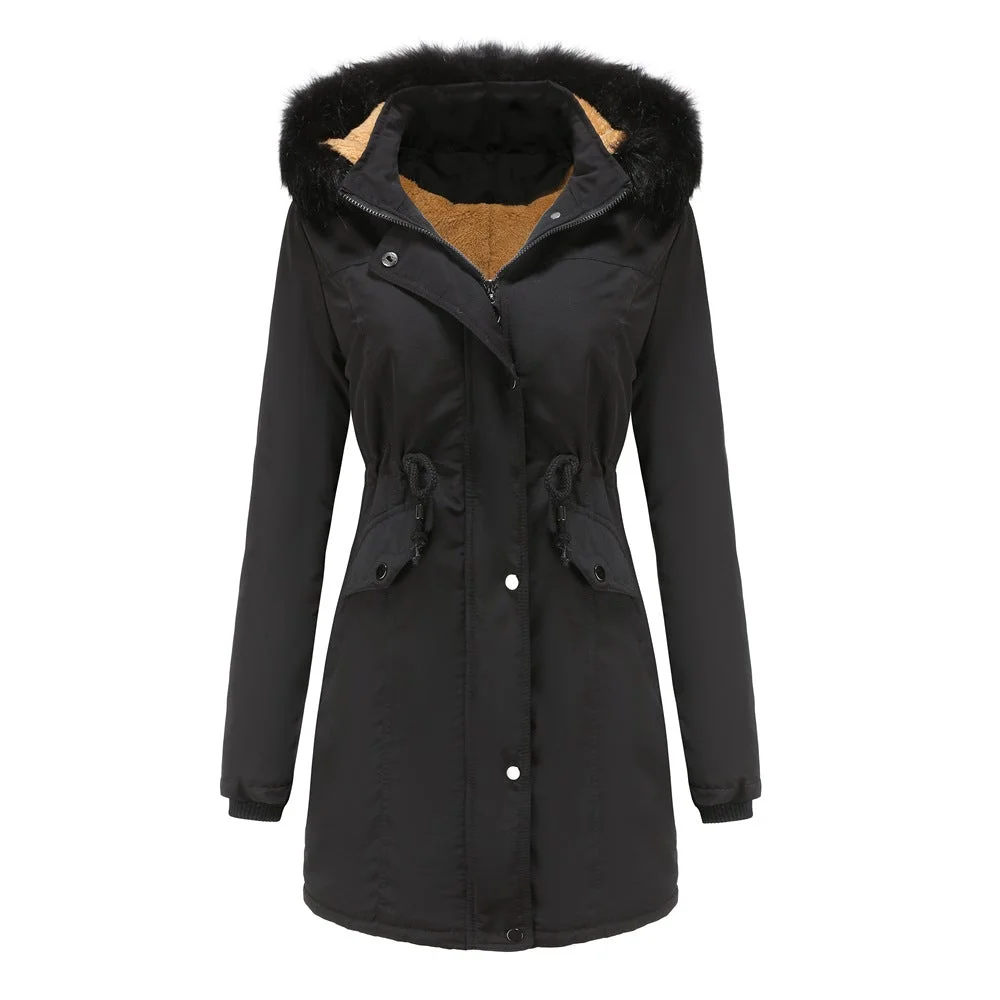 Women's Cotton Padded Detachable Hat Large Fur Collar Coat