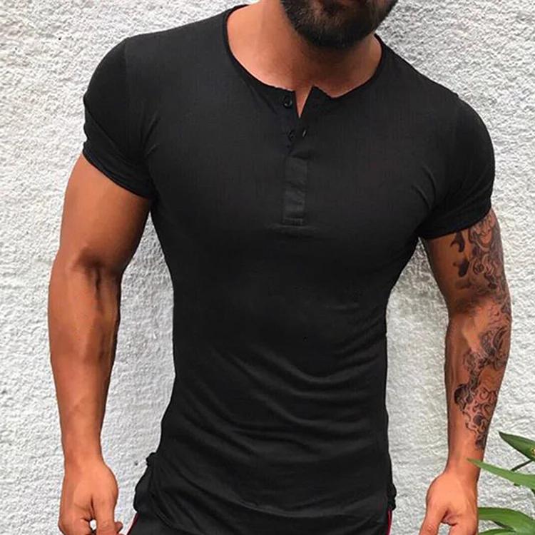 BrosWear Solid Color Short Sleeve Buttoned Slim T-shirt black