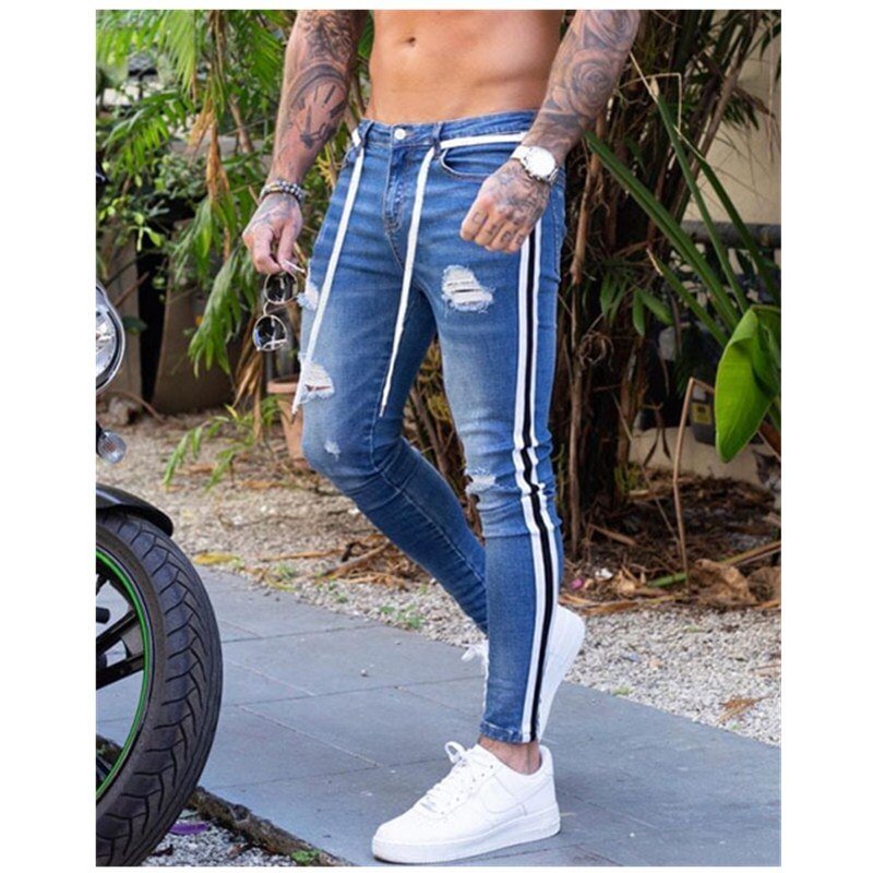 2021 Men Clothes Denim Pants Distressed Freyed Slim Fit Casual Trousers Stretch Ripped Elastic Stretch Pencil Jeans