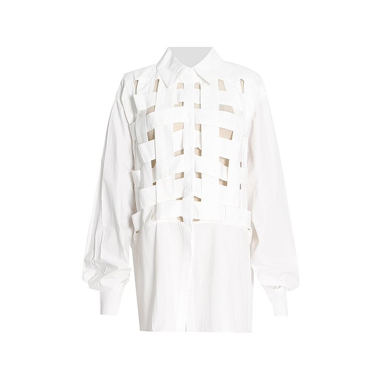 Design Loose Solid Color Turn-down Collar Weaved Hollow Out Single-breasted Lantern Sleeve Shirt 