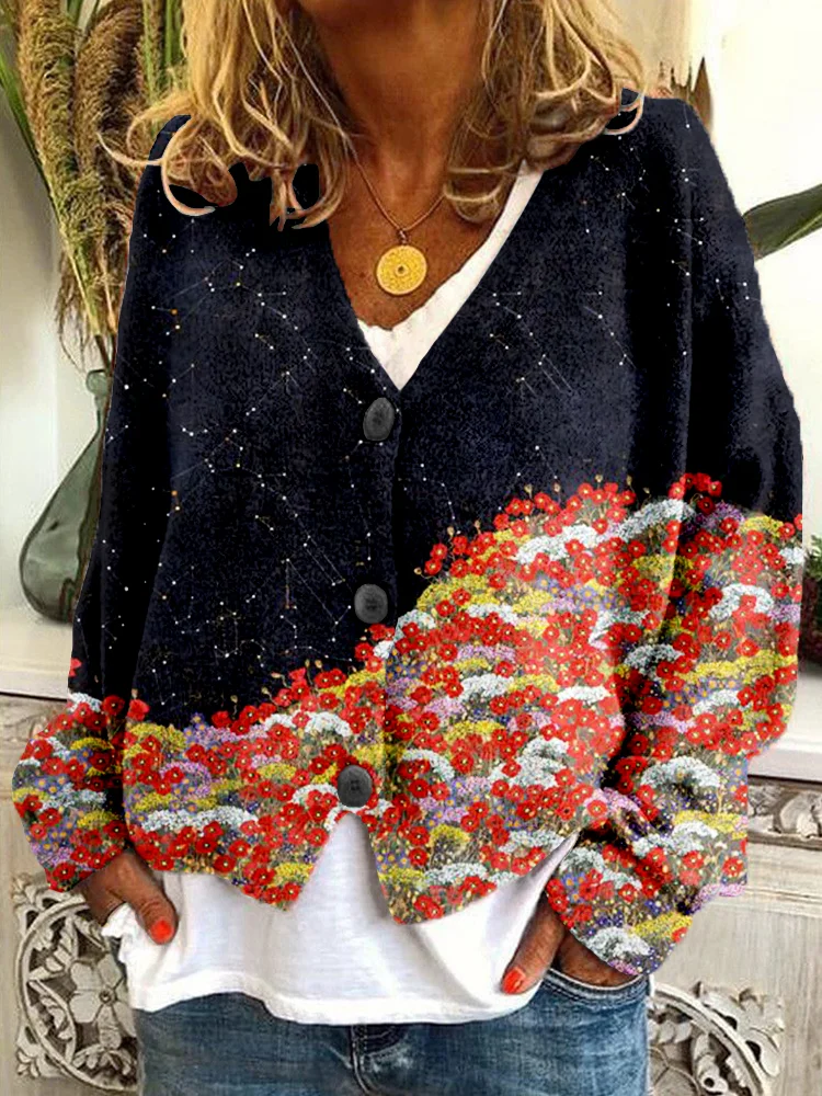 Vintage Japanese Flowers Art Pattern Cozy Cardigan
