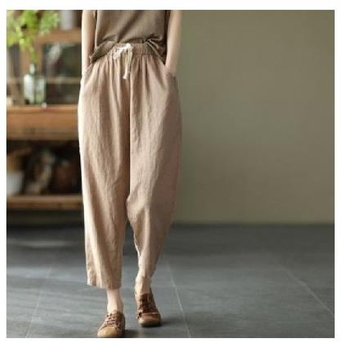 New Autumn Cotton Linen Pants Capri Women Loose Classic White Mid Waisted Pants for Women Solid Calf-length Pink Pencil Trousers