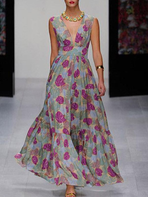 Floral Printed Plunging Sleeveless Maxi Dresses