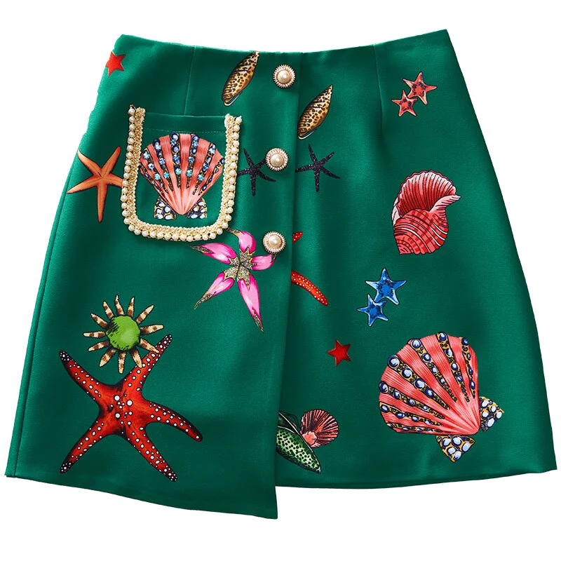 Truevoker European Spring Summer Runway Fashion Skirt Women's High End Green Shell Print Pocket Beaded Pencil Skirt