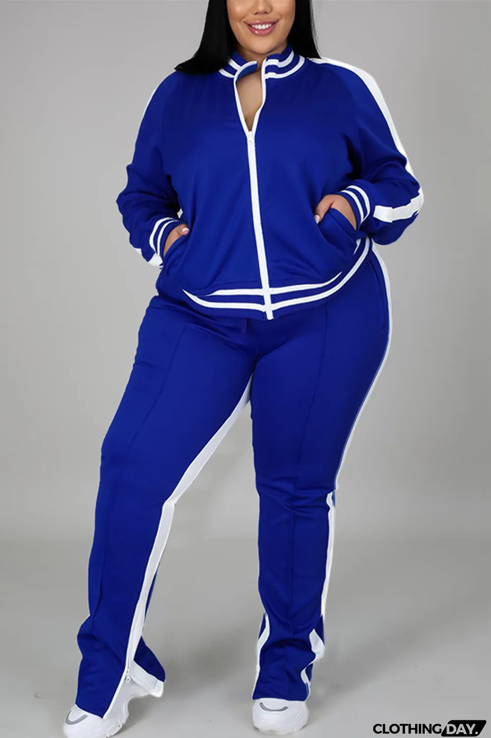 Black Fashion Casual Sportswear Zipper Collar Long Sleeve Regular Sleeve Patchwork Plus Size Set