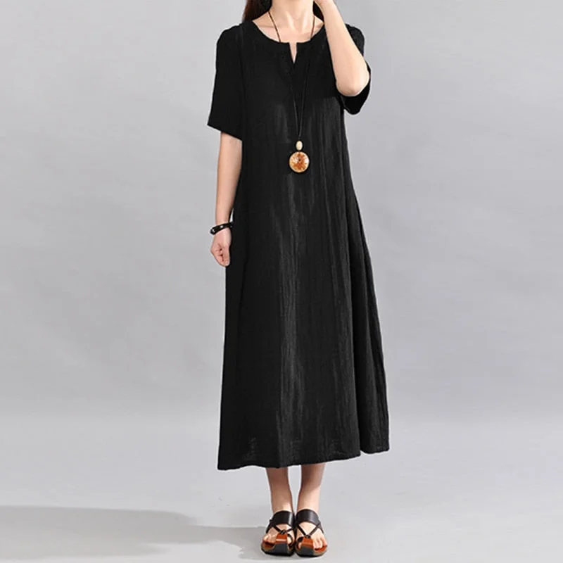 Celmia Sundress Women Vintage Linen Summer Dress 2022 Casual V Neck Short Sleeve Pockets Casual Loose Midi Vestido