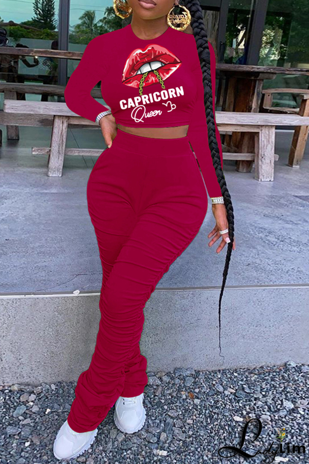 Green Fashion Lips Printed Patchwork O Neck Long Sleeve Two Pieces