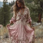 Boho Pink Roses Lace Gradient Linen Maxi Dress - Image 2