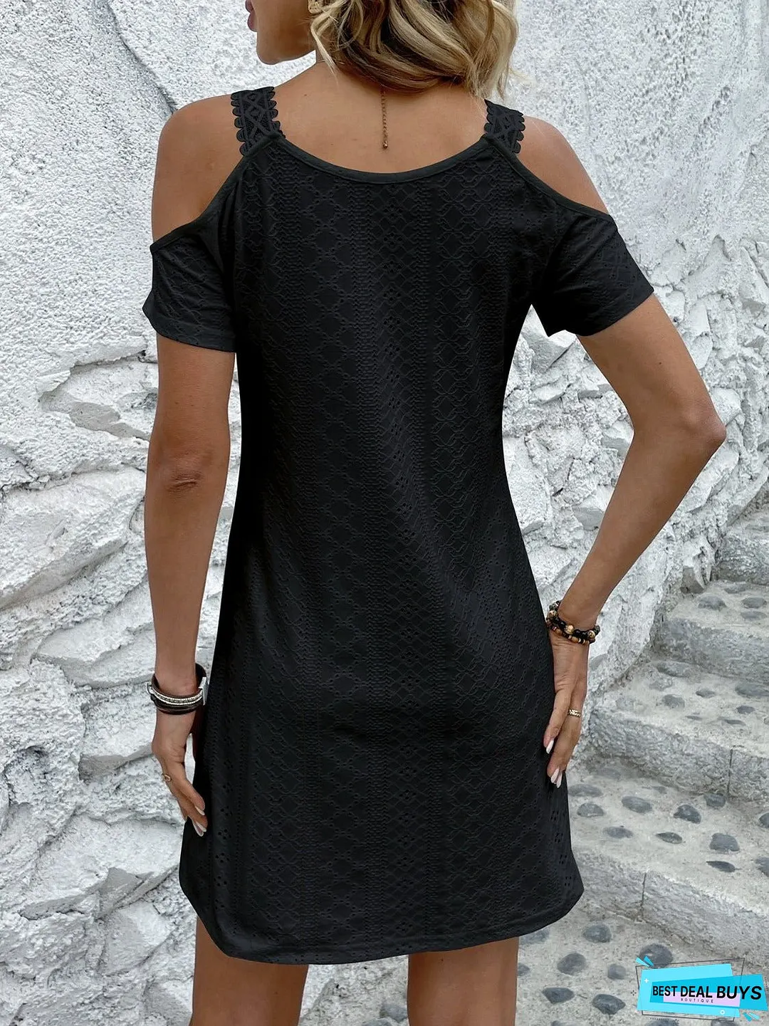 Eyelet V-Neck Cold Shoulder Mini Dress