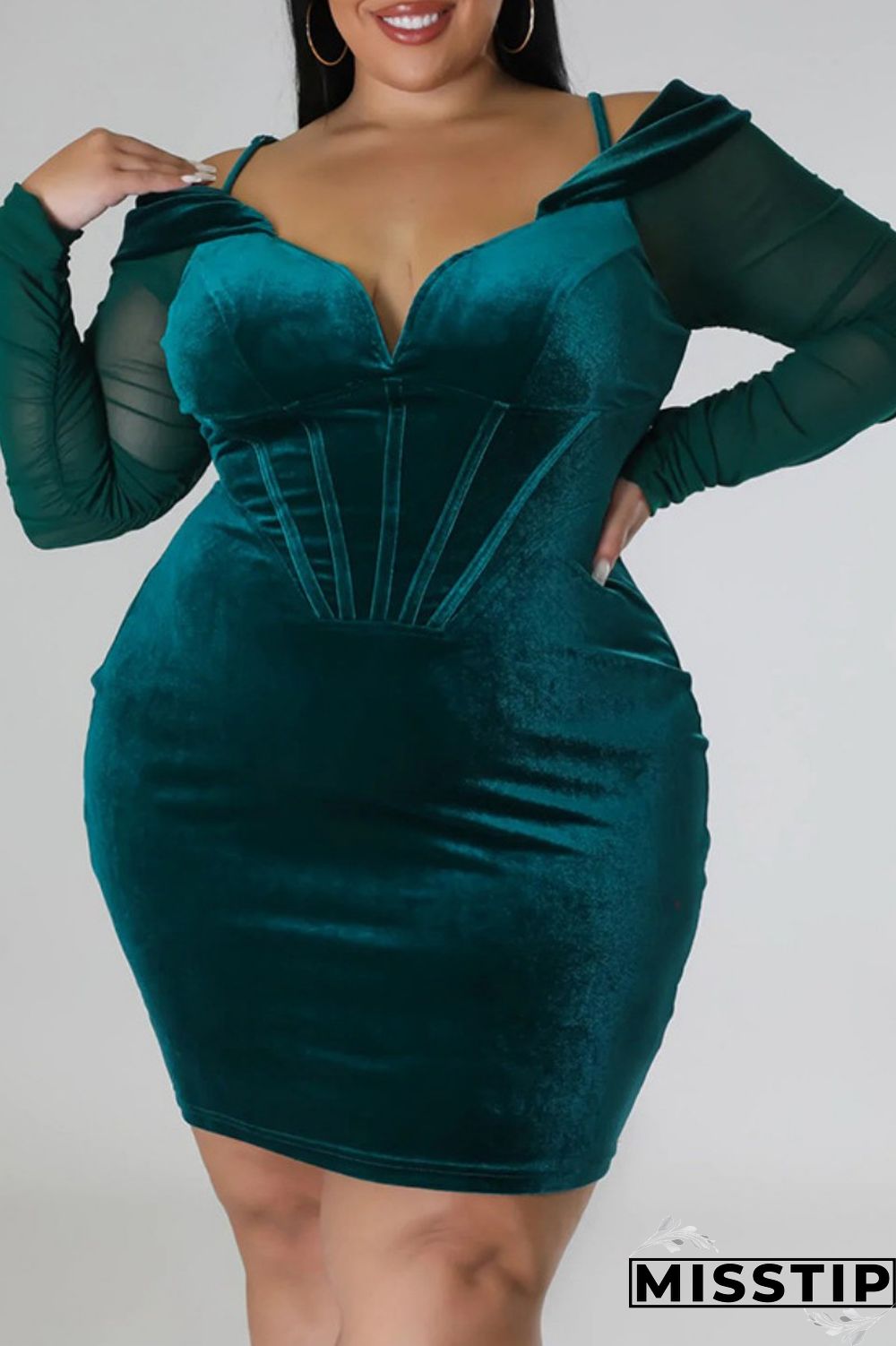 Green Sexy Casual Solid Patchwork Off the Shoulder Long Sleeve Plus Size Dresses