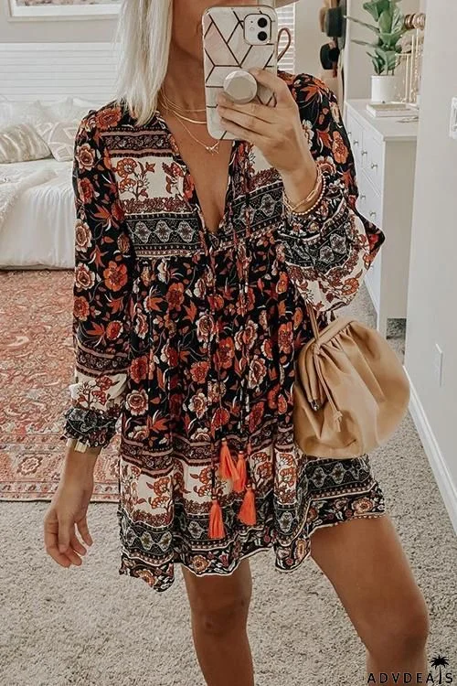 Floral Print Tassels Lace Up Long Sleeve Mini Dress