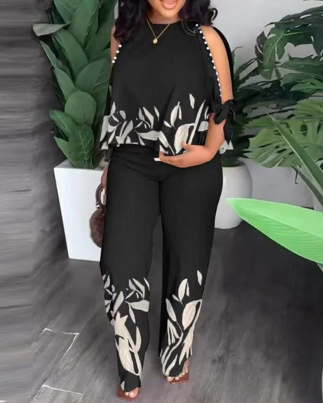 Mongw Mongw New Women's Round Neck Nail Bead, Rotator Sleeve T-Shirt And Trousers Positioning Print Suit