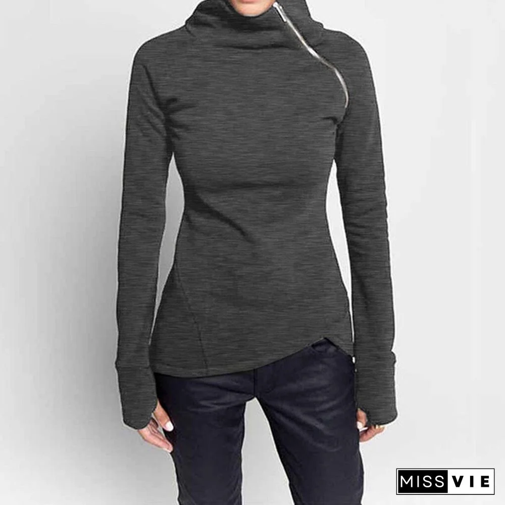 Autumn Winter Ladies Casual High Collar Zipper Long Sleeve Sweater Finger Jacket Women's Clothing