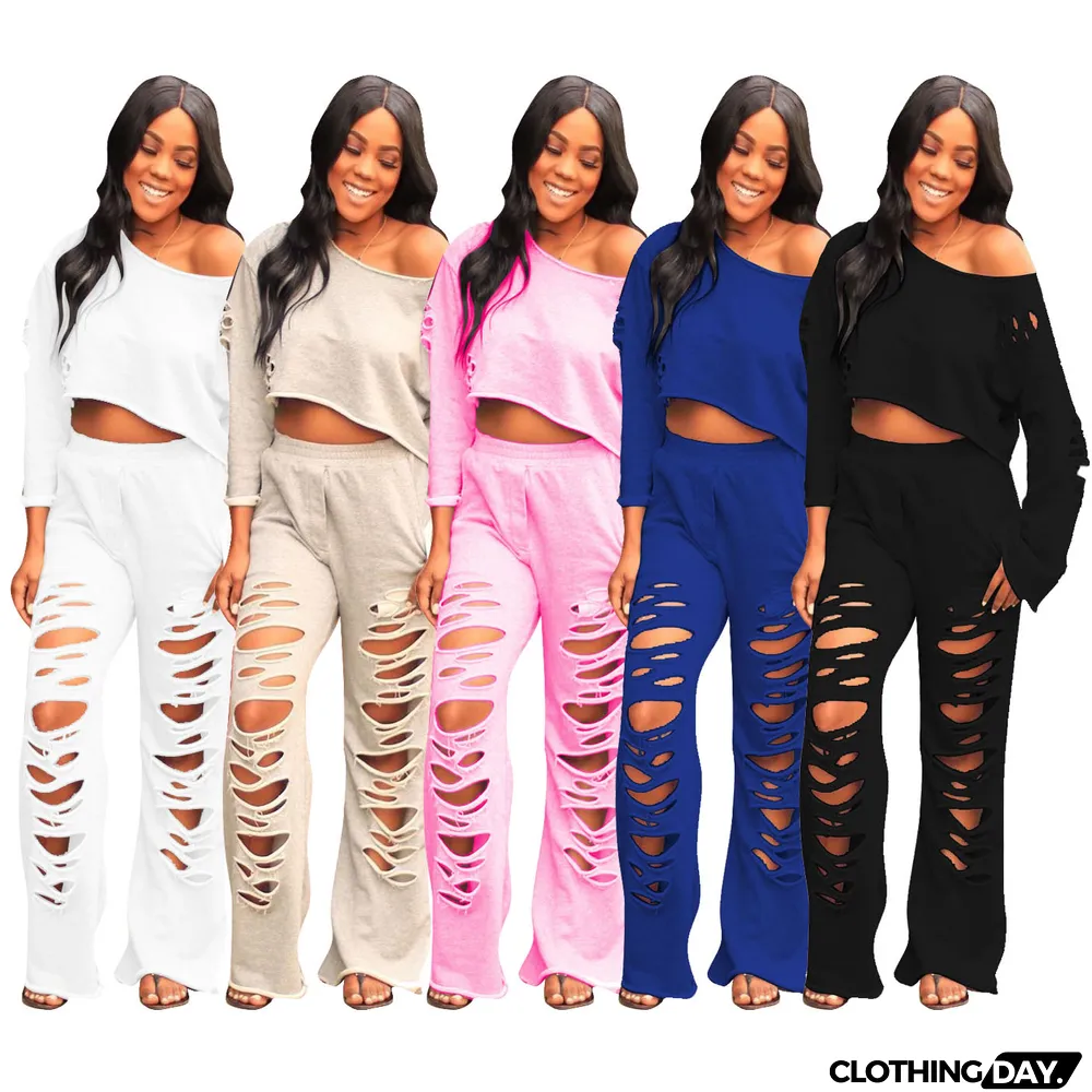 Casual Solid Color Ripped Flared Pants Suit