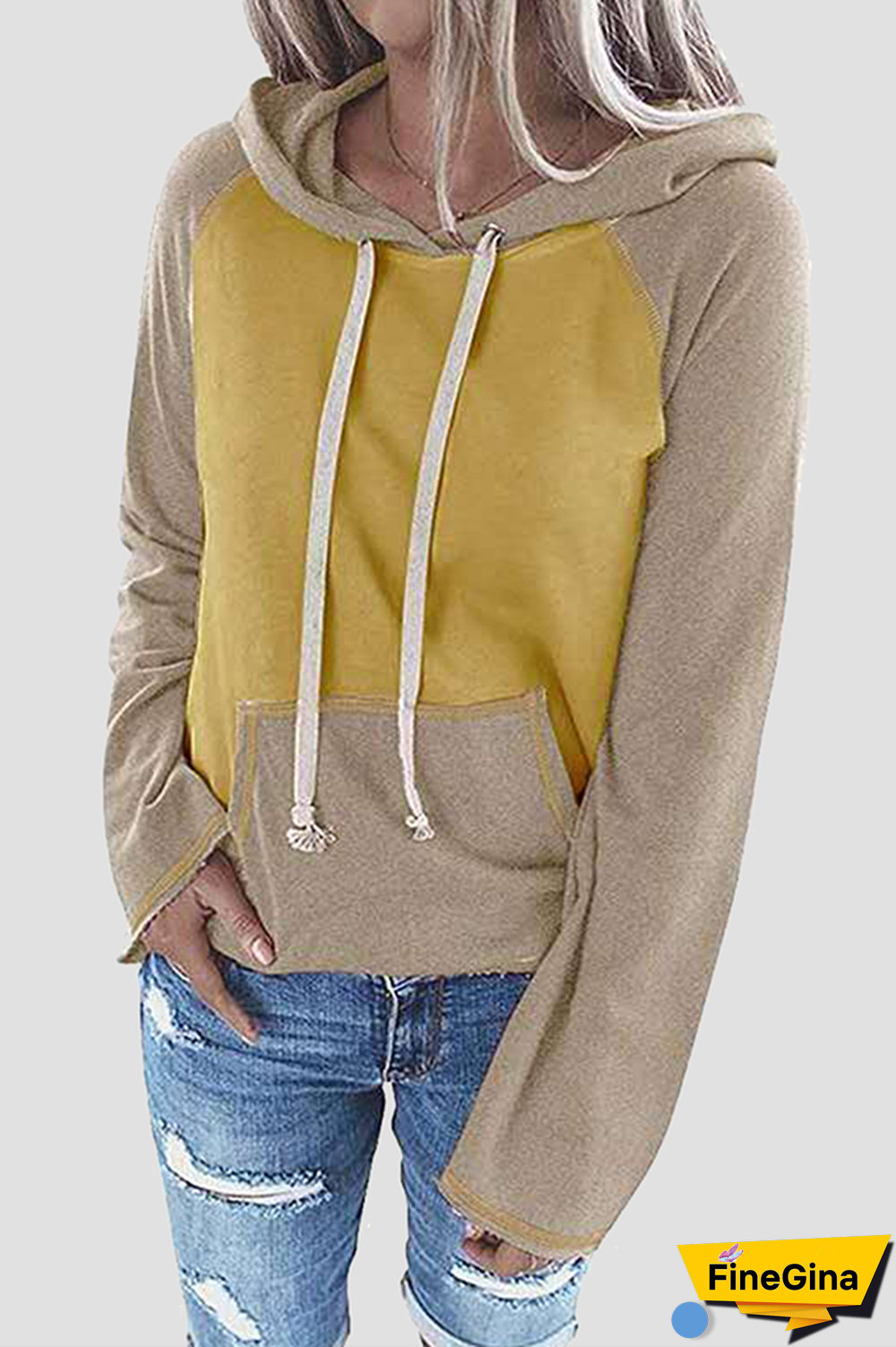 Casual Patchwork Draw String Pocket Hooded Collar Tops