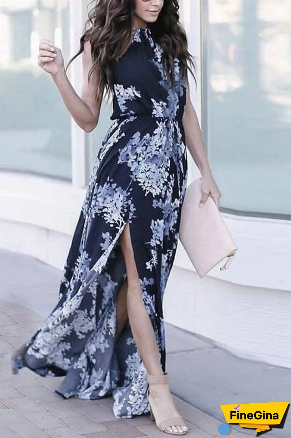 Floral Print Slit Sleeveless Maxi Dress