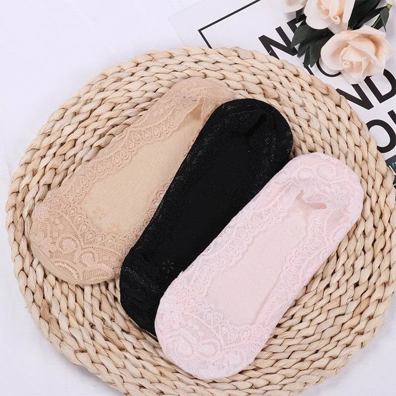 Summer women girl Silica Gel Lace Boat Socks Invisible Cotton Sole Non-slip Antiskid Slippers Anti-Slip Sock 3pair=6pcs