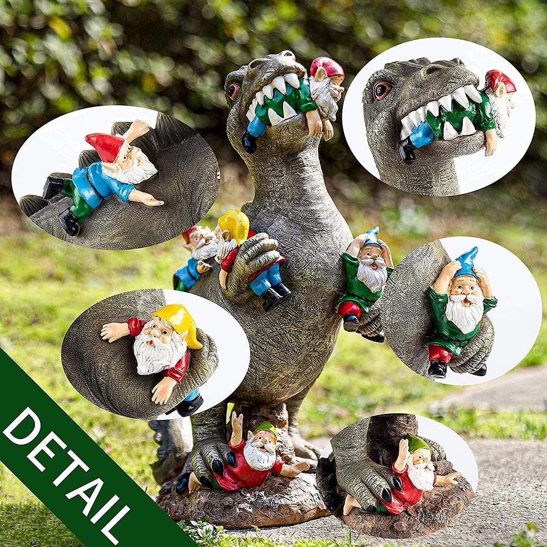 resin dinosaur eating gnomes