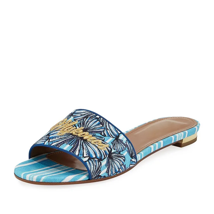 Light Blue Floral Letter Embroidered Women's Slide Sandals |FSJ Shoes